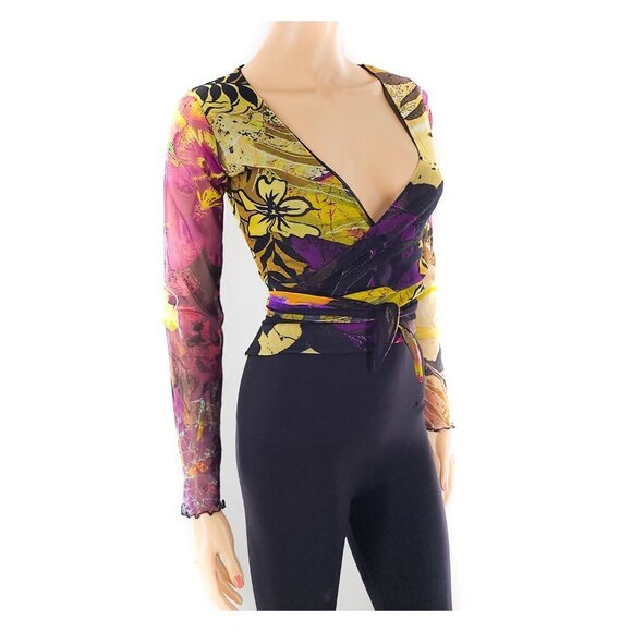 ATELIER Floral Print Mesh Wrap Crop Top Made in Italy - Picture 3 of 9